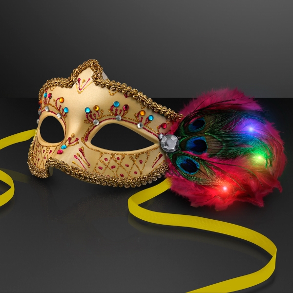 Promotional Customized Mardi Gras Masks with LED Light Up Feathers