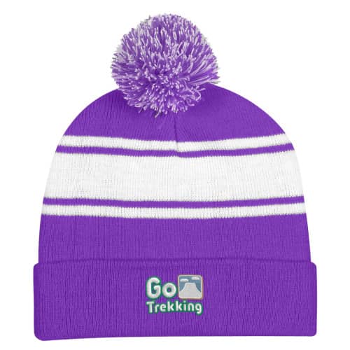 Two-Tone Knit Pom Beanie With Cuff and Patch