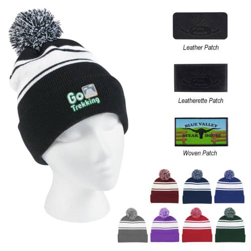 Two-Tone Knit Pom Beanie With Cuff and Patch