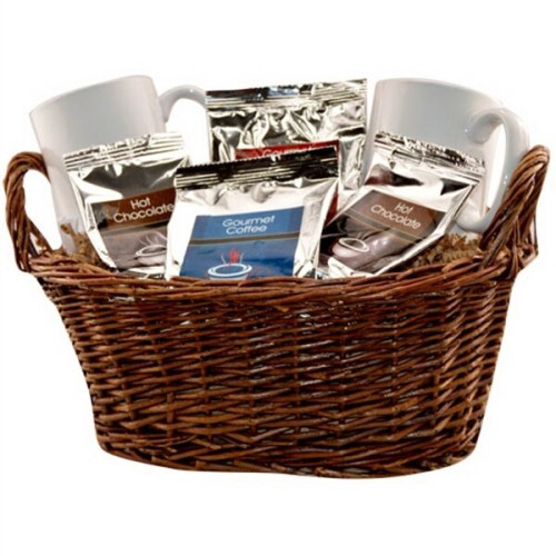 Gift basket with coffee, tea and mugs