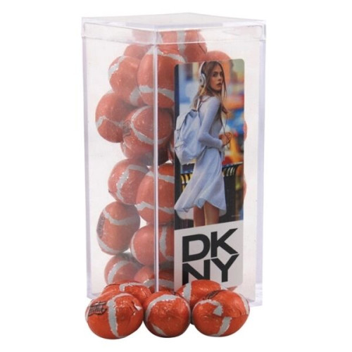Chocolate Footballs in a Clear Acrylic Square Tall Box