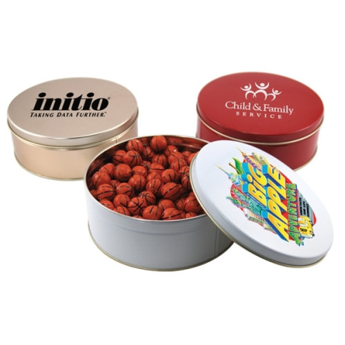 Chocolate Basketballs in a Round Tin with Lid-7.25" D