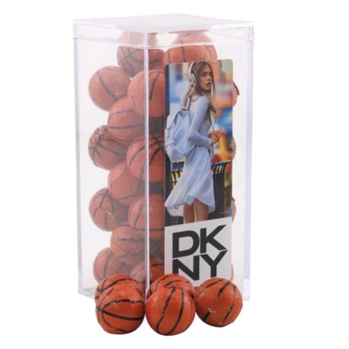 Chocolate Basketballs in a Clear Acrylic Square Tall Box