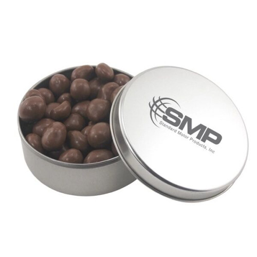 Large Round Metal Tin with Lid and Chocolate Covered Peanuts